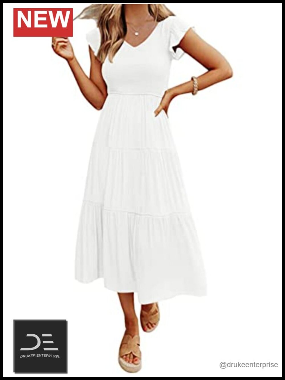Women's Smocked Midi Dress Flutter Sleeve A-Line Casual Summer